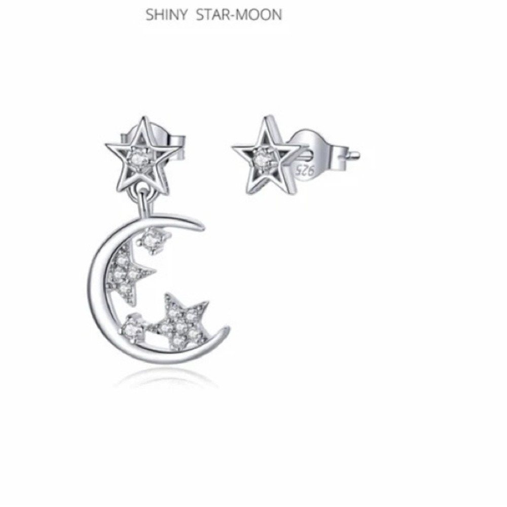 Silver 925 Stars and Moon Asymmetry Stud Earrings for Women